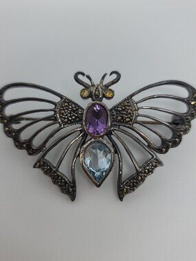 Amethyst, Citrine, Blue Topaz, Marcasite & Sterling Butterfly Pendant/Brooch